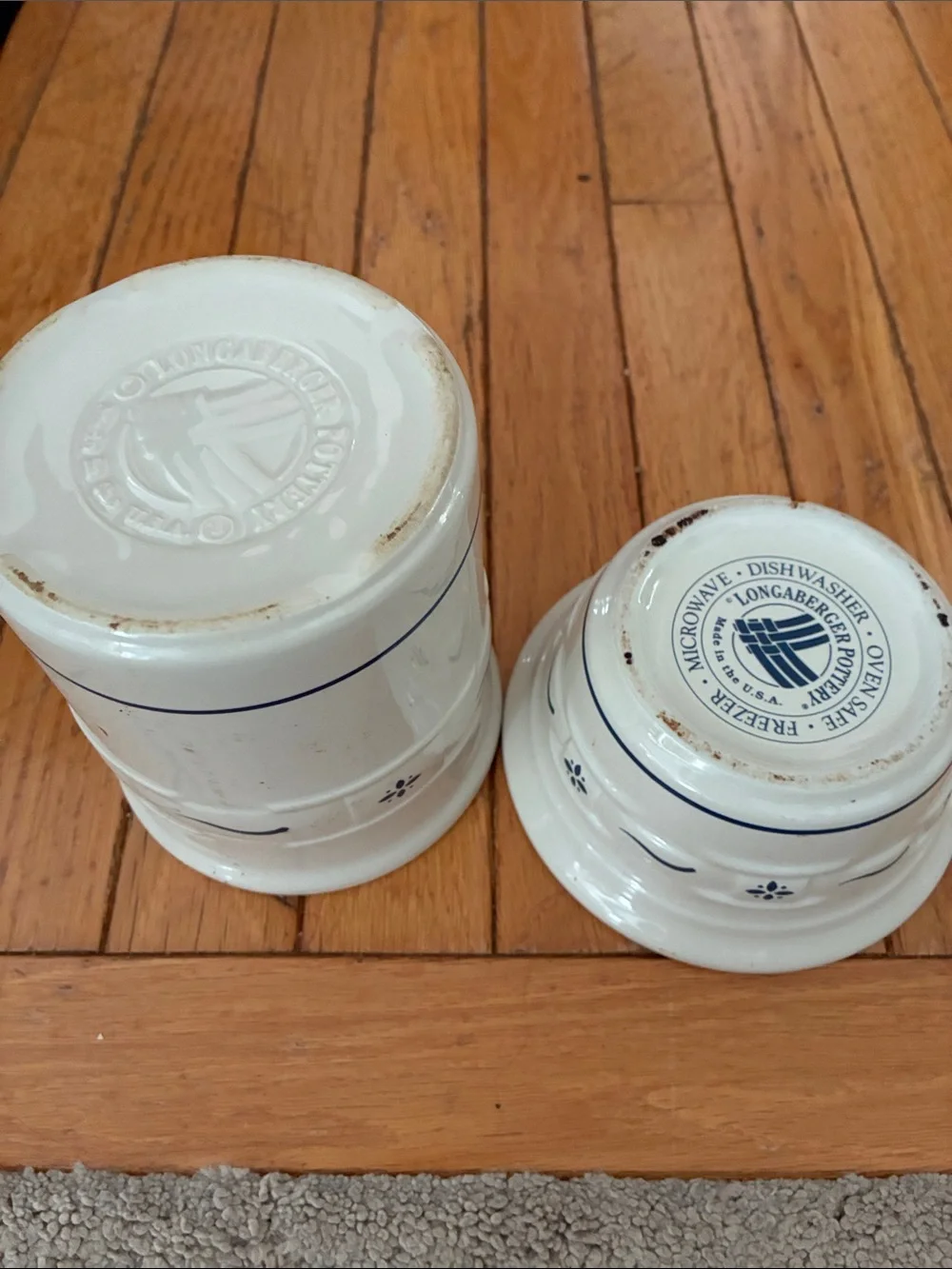 Longaberger White Ceramic Canister and Lidded butter Dish with Blue Trim vintage